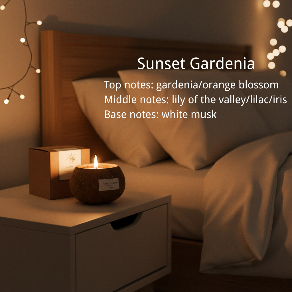 Detailed scent notes for Sunset Gardenia coconut candle - Top notes: gardenia/orange blossom; Middle notes: lily of the valley/lilac/iris; Base note: white musk.