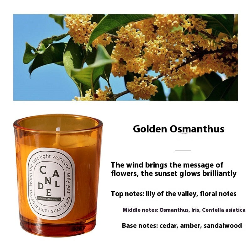 Detailed scent notes for Osmanthus Fragrans Orange candle: Top notes: lily of the valley, floral notes; middle notes: osmanthus, iris, centella asiatica; base notes: cedar, amber, sandalwood.