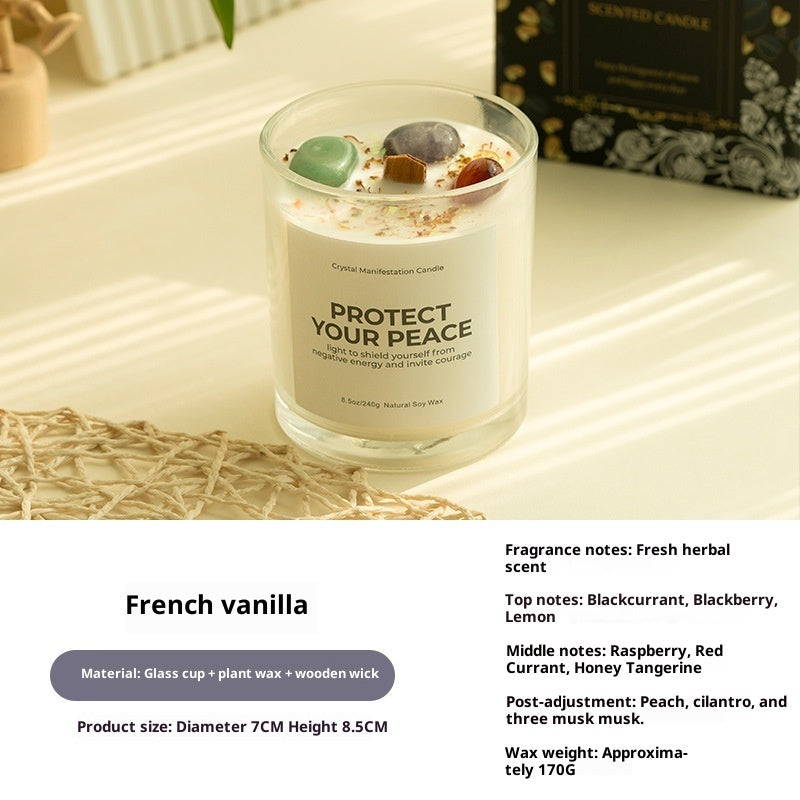 Crystal White manifestation candle with Vanilla scent, featuring a wooden wick and polished crystal toppers.