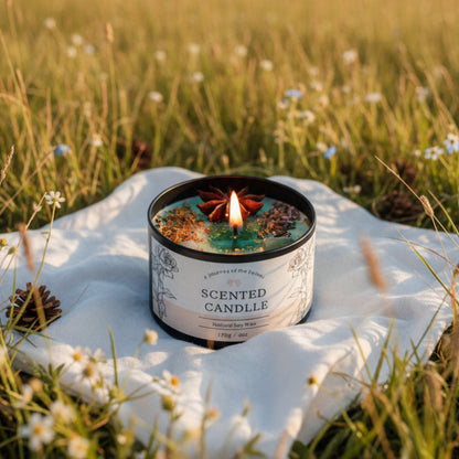 Delphy Candle botanical soy scented candle with dried star anise and herbs, lit on a white cloth in a sunlit wildflower meadow, natural soy wax 170g