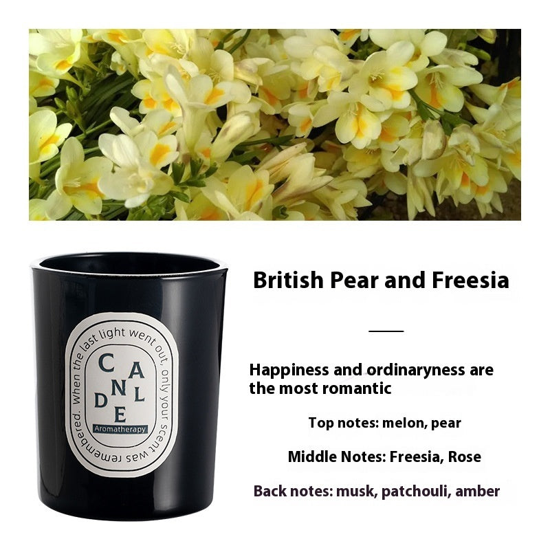 Detailed scent notes for British Pear and Freesia Bright Black candle: Top notes: melon, pear; middle notes: freesia, rose; base notes: musk, patchouli, amber.