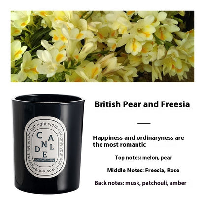Detailed scent notes for British Pear and Freesia Bright Black candle: Top notes: melon, pear; middle notes: freesia, rose; base notes: musk, patchouli, amber.