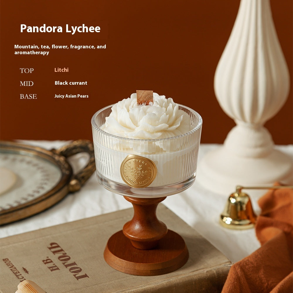 exclude-gallery. Detailed vertical lychee notes for Camellia Porcelain Cup Candle: Top notes: litchi; middle notes: black currant; base notes: juicy asian pears
