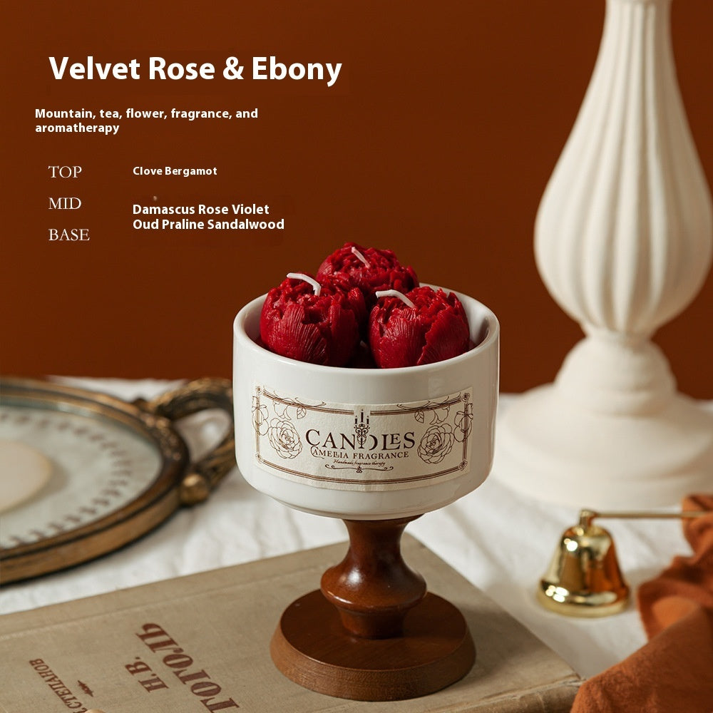 exclude-gallery. Detailed velvet rose & ebony notes for Camellia Porcelain Cup Candle: Top notes: clove bergamot; middle notes: damascus rose, violet; base notes: oud, praline, sandalwood
