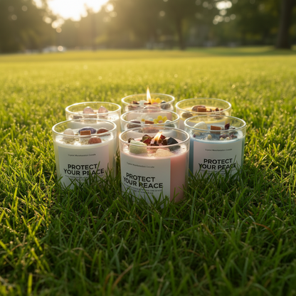 Delphy Candle crystal manifestation soy candles collection, lit and styled on sunlit green grass, featuring natural crystals and dried botanicals for spiritual wellness and home decor