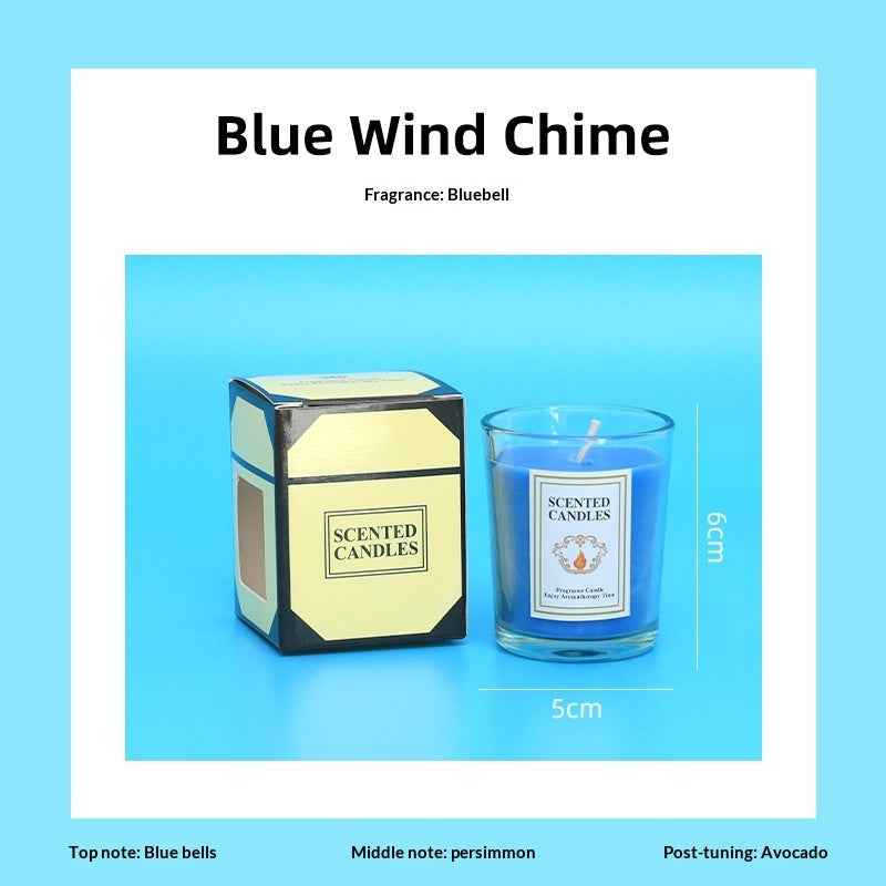 Delphy blue wind chime scented candle with blue bells top notes, persimmon middle notes, and avocado post-tuning, a fresh calming scent for Valentine's Day