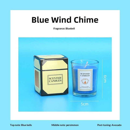 Delphy blue wind chime scented candle with blue bells top notes, persimmon middle notes, and avocado post-tuning, a fresh calming scent for Valentine's Day