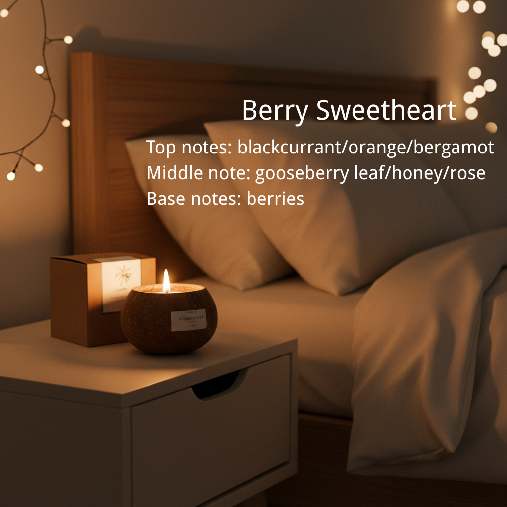 Detailed scent notes for Berry Sweetheart coconut candle - Top notes: blackcurrant/orange/bergamot; Middle note: gooseberry leaf/honey/rose; Base note: berries.