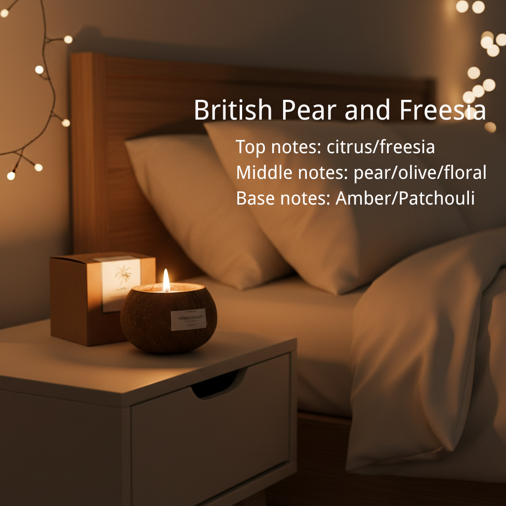 Detailed scent notes for British Pear and Freesia coconut candle - Top notes: citrus/freesia, middle notes: pear/olive/floral, base notes: amber/patchouli