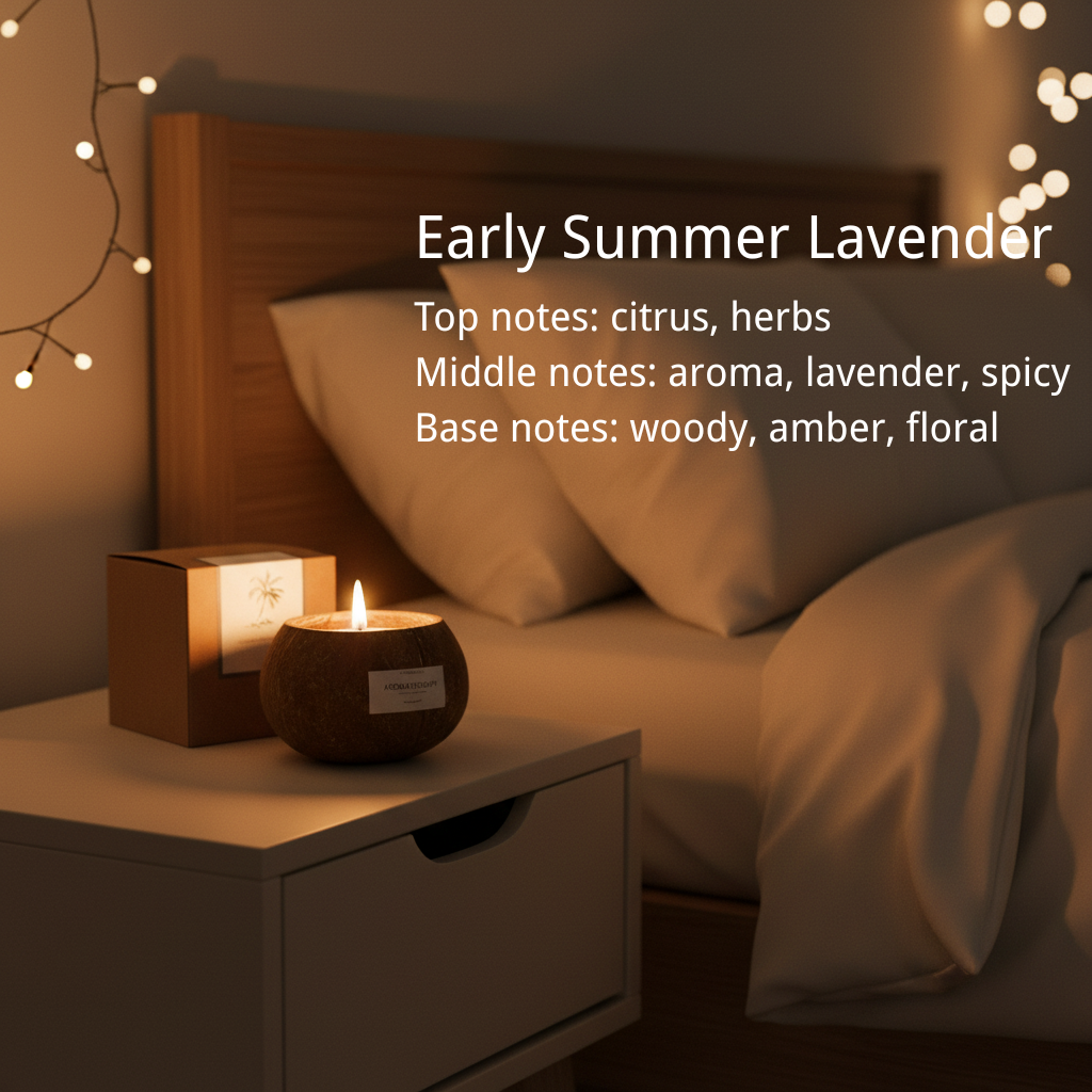 Detailed scent notes for Early Summer Lavender coconut candle - Top notes: citrus, herbs; Middle notes: aroma, lavender, spicy; Base notes: woody, amber, floral