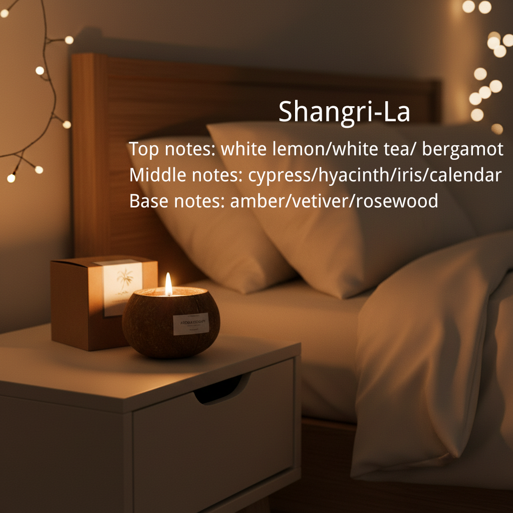 Detailed scent notes for Shangri-La coconut candle - Top notes: white lemon/white tea/bergamot; Middle notes: cypress/hyacinth/iris/calendar; Base notes: amber/vetiver/rosewood.