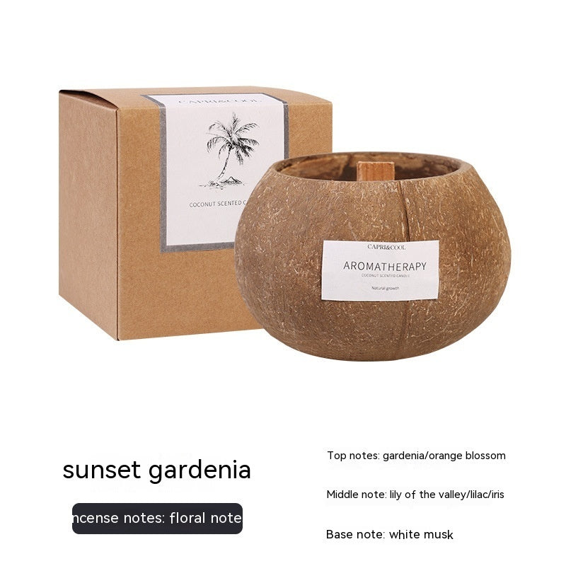 exclude-gallery. Detailed scent notes for Sunset Gardenia coconut candle - Top notes: gardenia/orange blossom; Middle notes: lily of the valley/lilac/iris; Base note: white musk.