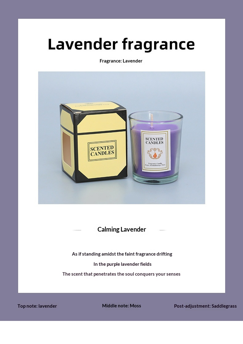Delphy lavender scented candle in clear glass jar with yellow gift box, featuring top note of lavender, middle note of moss, and post-adjustment of saddlegrass for calming candle
