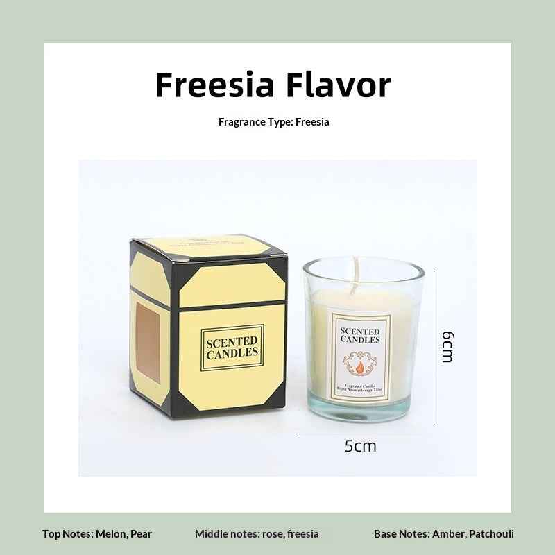 Delphy freesia scented candle with size dimensions (5cm x 6cm), featuring top notes of melon and pear, middle notes of rose and freesia, base notes of amber and patchouli, ideal for romantic Valentine's evenings