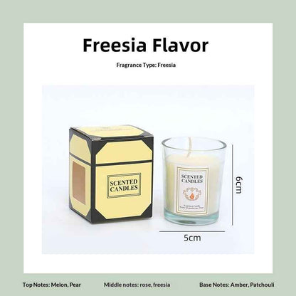 Delphy freesia scented candle with size dimensions (5cm x 6cm), featuring top notes of melon and pear, middle notes of rose and freesia, base notes of amber and patchouli, ideal for romantic Valentine's evenings