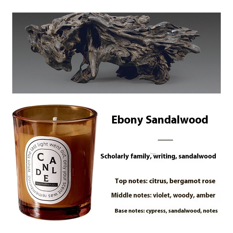 Detailed scent notes for Ebony Sandalwood Amber candle: Top notes: citrus, bergamot, rose; middle notes: violet, woody, amber; base notes: cypress, sandalwood.