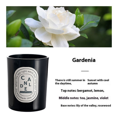 Detailed scent notes for Gardenia Bright Black candle: Top notes: bergamot, lemon; middle notes: tea, jasmine, violet; base notes: lily of the valley, rosewood.