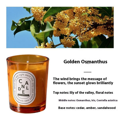 Detailed scent notes for Osmanthus Fragrans Orange candle: Top notes: lily of the valley, floral notes; middle notes: osmanthus, iris, centella asiatica; base notes: cedar, amber, sandalwood.