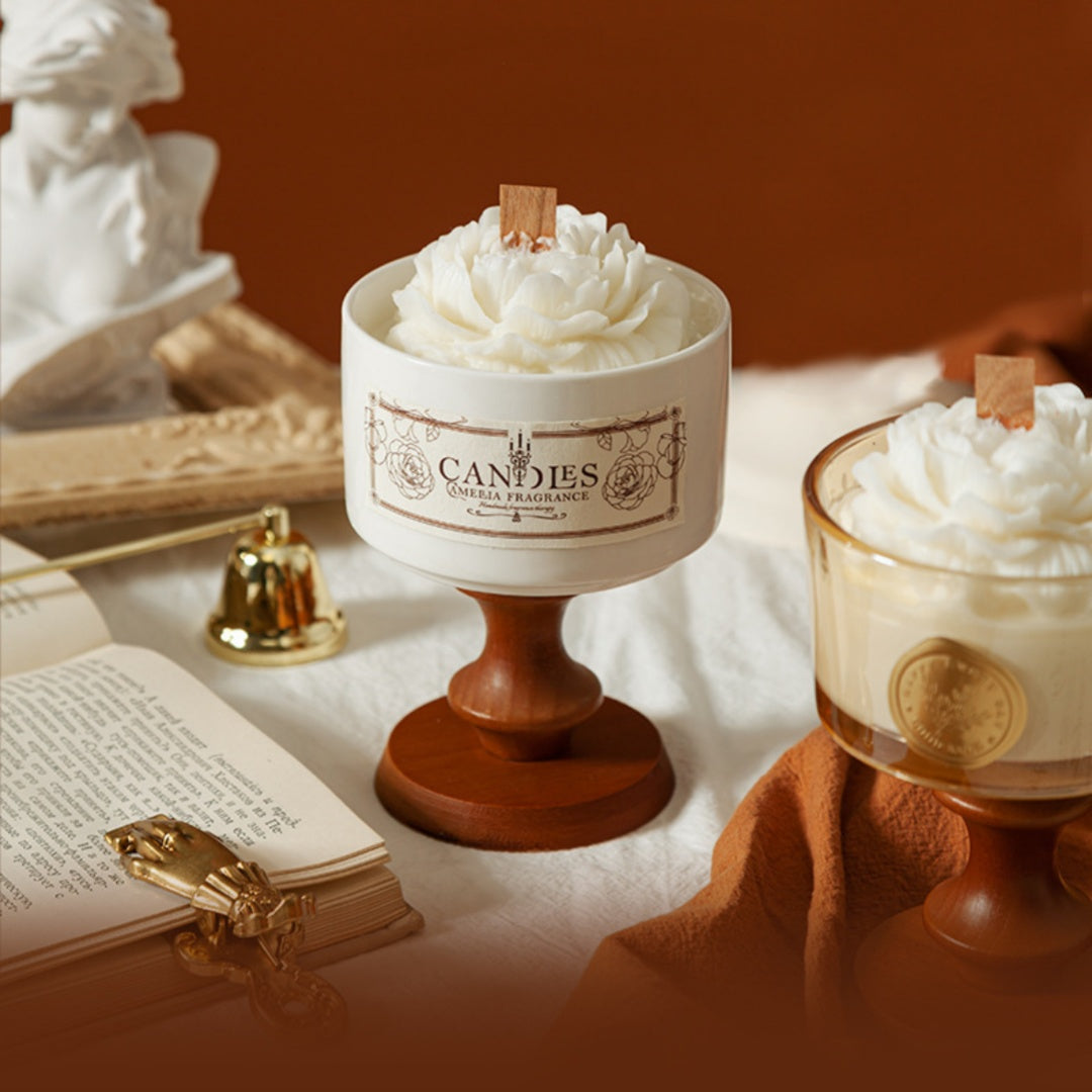 An exquisite white porcelain cup aromatherapy candle with a 3D embossed camellia design.
