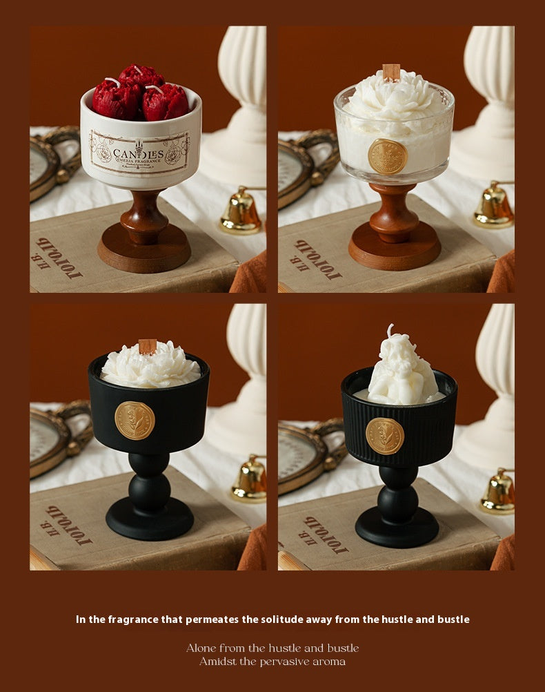A collage showing four different styles of Camellia porcelain cup candles including red peony and white flower designs in black, white, and glass holders.