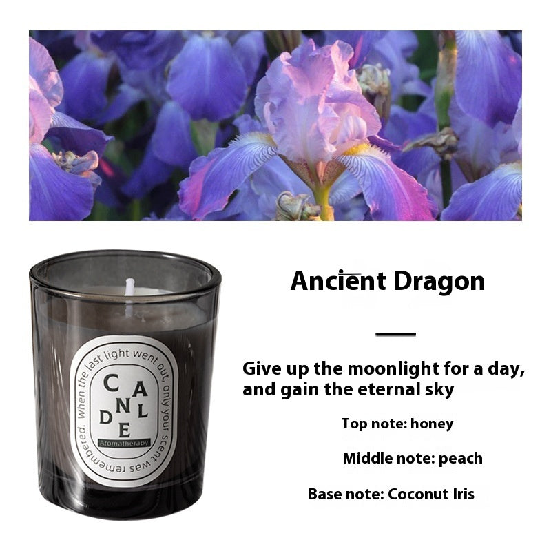Detailed scent notes for Cologne Grey candle: Top note: honey, middle notes: peach, base note: coconut iris.