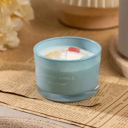 Loy Shiyu Blue Relax Essential Oil Soy Wax Candle in a blue glass cup