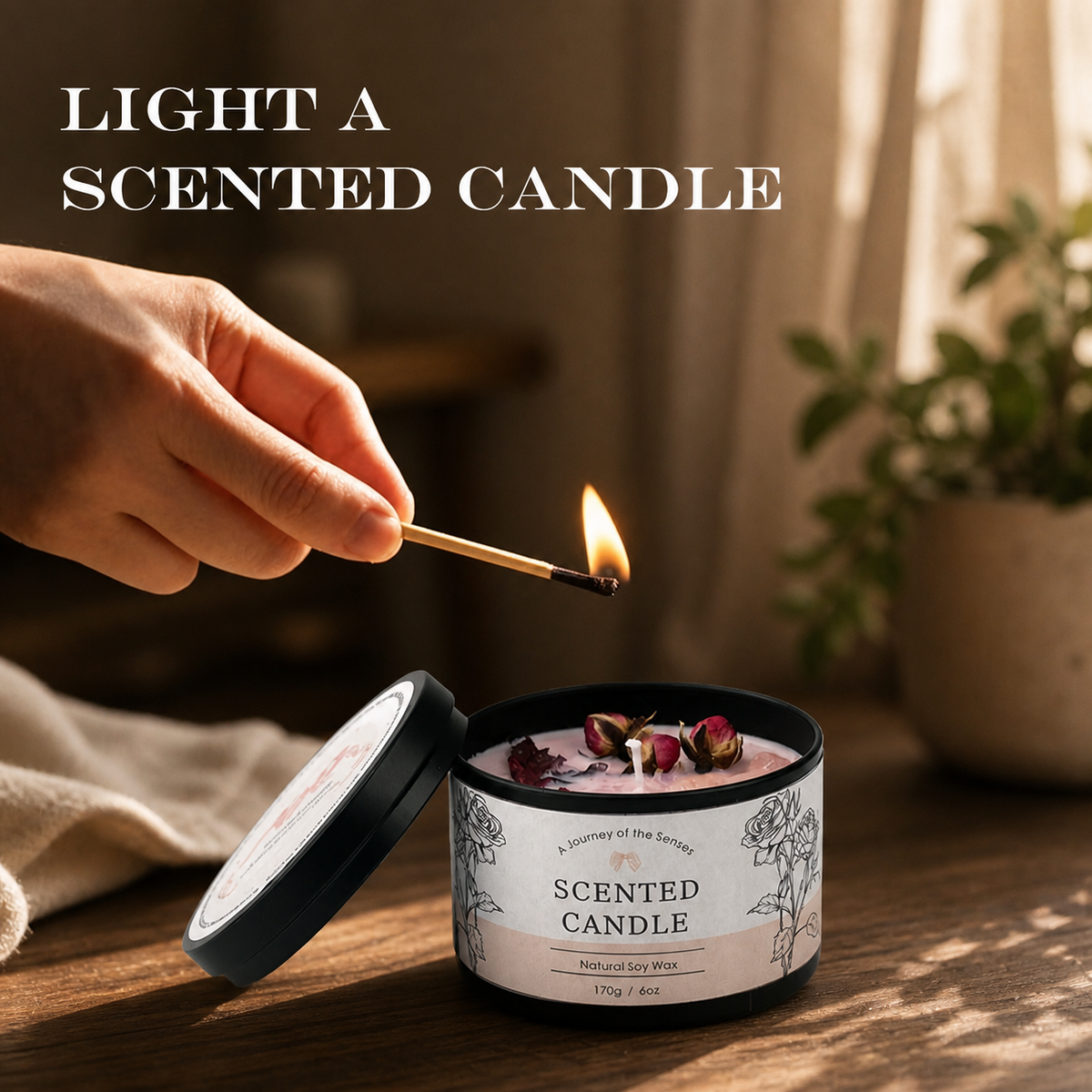 A hand lighting a rose decorated Indoor Lasting Incense Candle in a warm living room setting