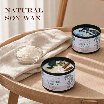 Two Indoor Lasting Incense Candles with soy wax flakes on an oak tray in soft window light