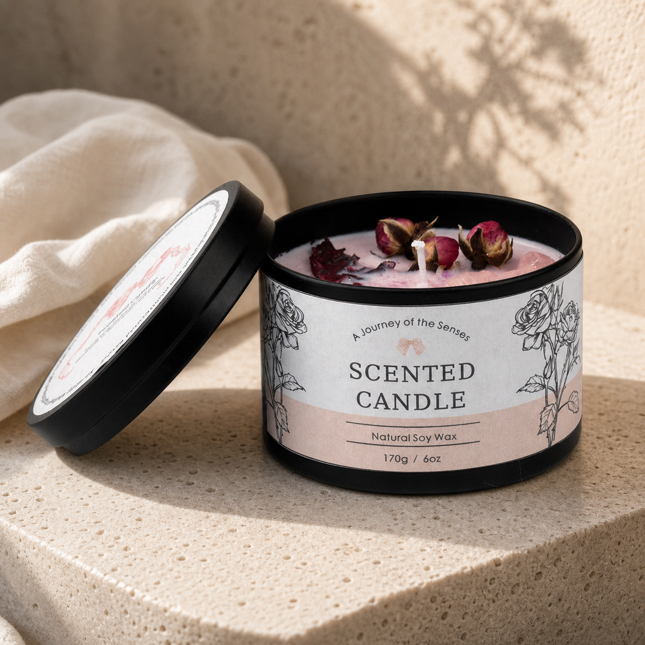 Open rose decorated Indoor Lasting Incense Candle with its black lid on pale stone and linen
