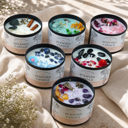 Six Indoor Lasting Incense Candle scents styled on ivory linen in soft natural light