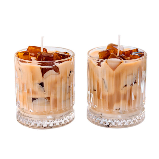 Realistic iced caffe latte candles in the glass, featuring soy wax layers and jelly wax ice cubes with coffee fragrance.