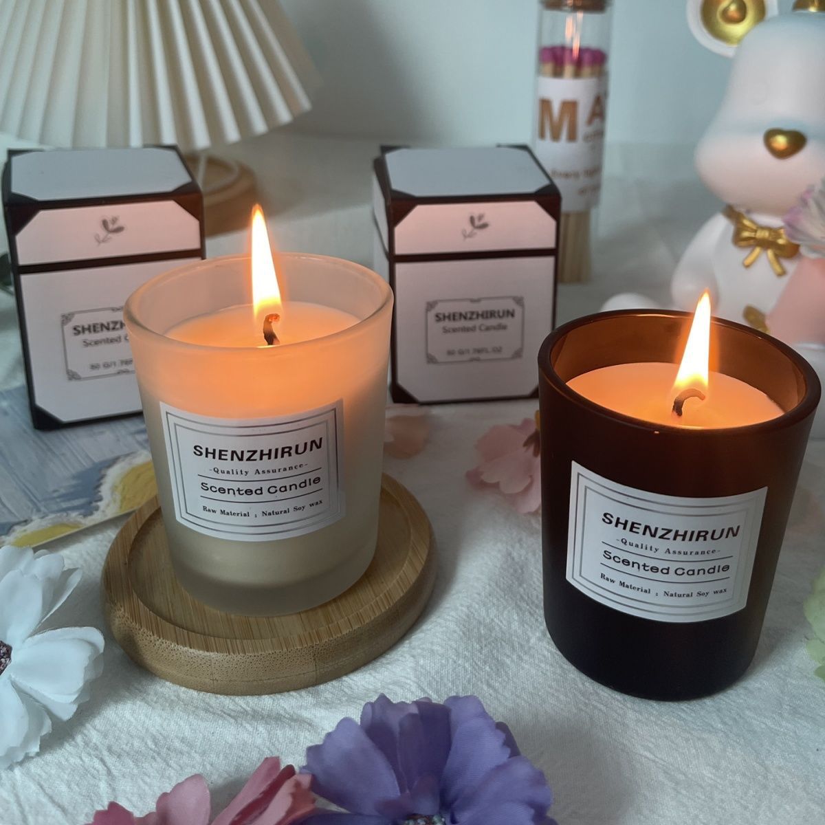 Two sizes of Romantic Companion scented glass candles: 6x5cm for 12 hours and 8x7cm for 45 hours of burn time.