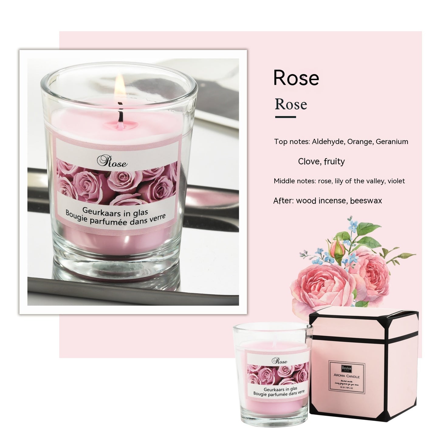 Detailed scent notes for rose candle: Aldehyde, Orange, Geranium, Clove, fruity, rose, lily of the valley, violet, wood incense, and beeswax.