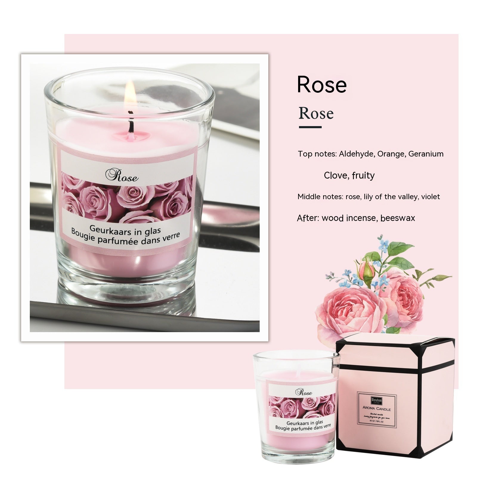 Detailed scent notes for rose candle: Aldehyde, Orange, Geranium, Clove, fruity, rose, lily of the valley, violet, wood incense, and beeswax.