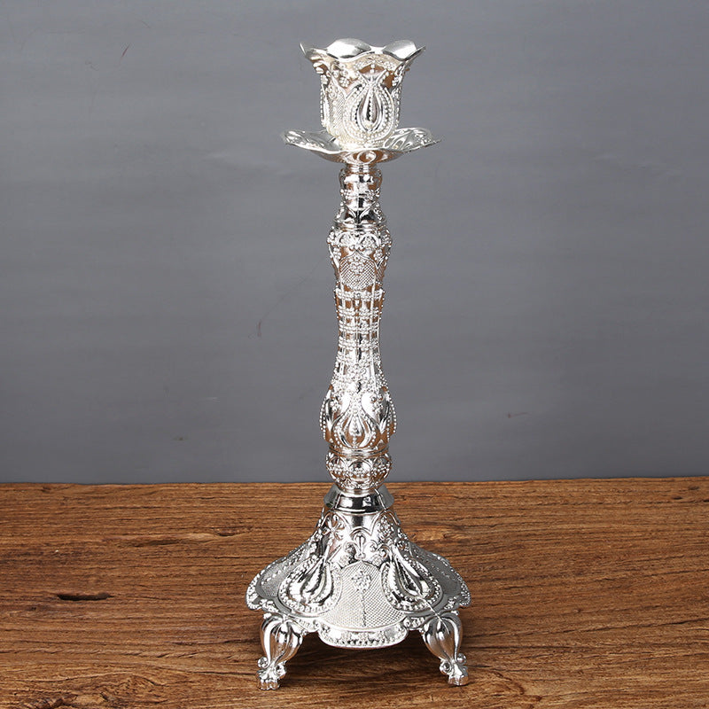 Elegant silver single-arm tulip candle stand featuring a classic Victorian floral design. exclude-gallery