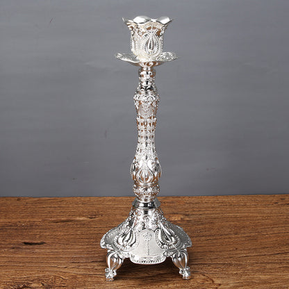 Elegant silver single-arm tulip candle stand featuring a classic Victorian floral design.