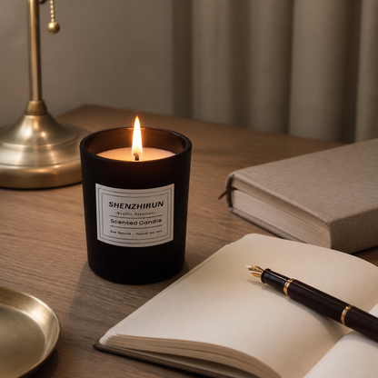 Lit Stress Relief Soy Candle on an oak desk beside an open journal and fountain pen during a relaxing evening.