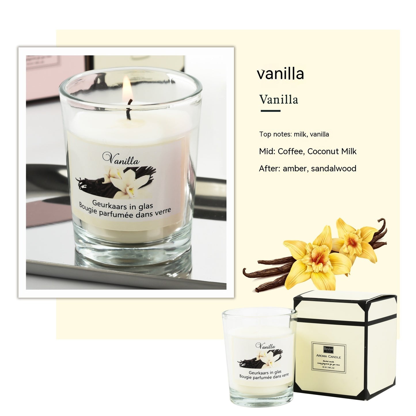 Detailed scent notes for vanilla candle: Milk, Coffee, Coconut Milk, Amber, and Sandalwood.