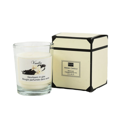 Delphy Vanilla scented plant fragrance candle in a clear glass jar with vanilla bean illustration.